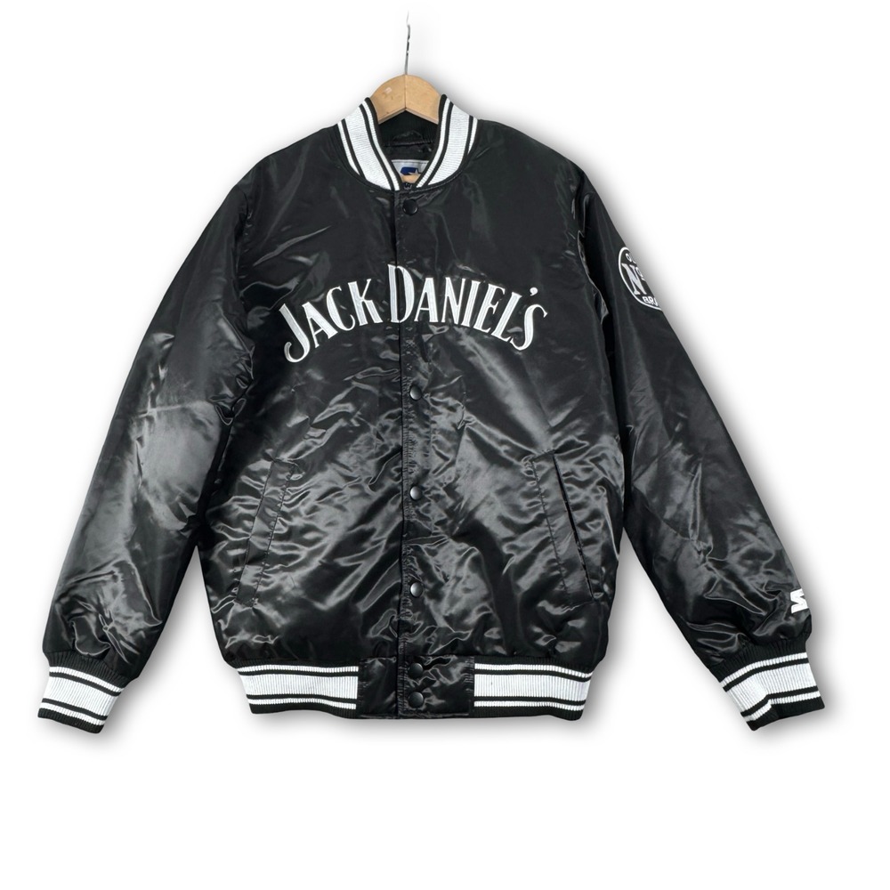 New Starter Jack Daniels Black Satin Bomber Whiskey Snap Sz M Medium